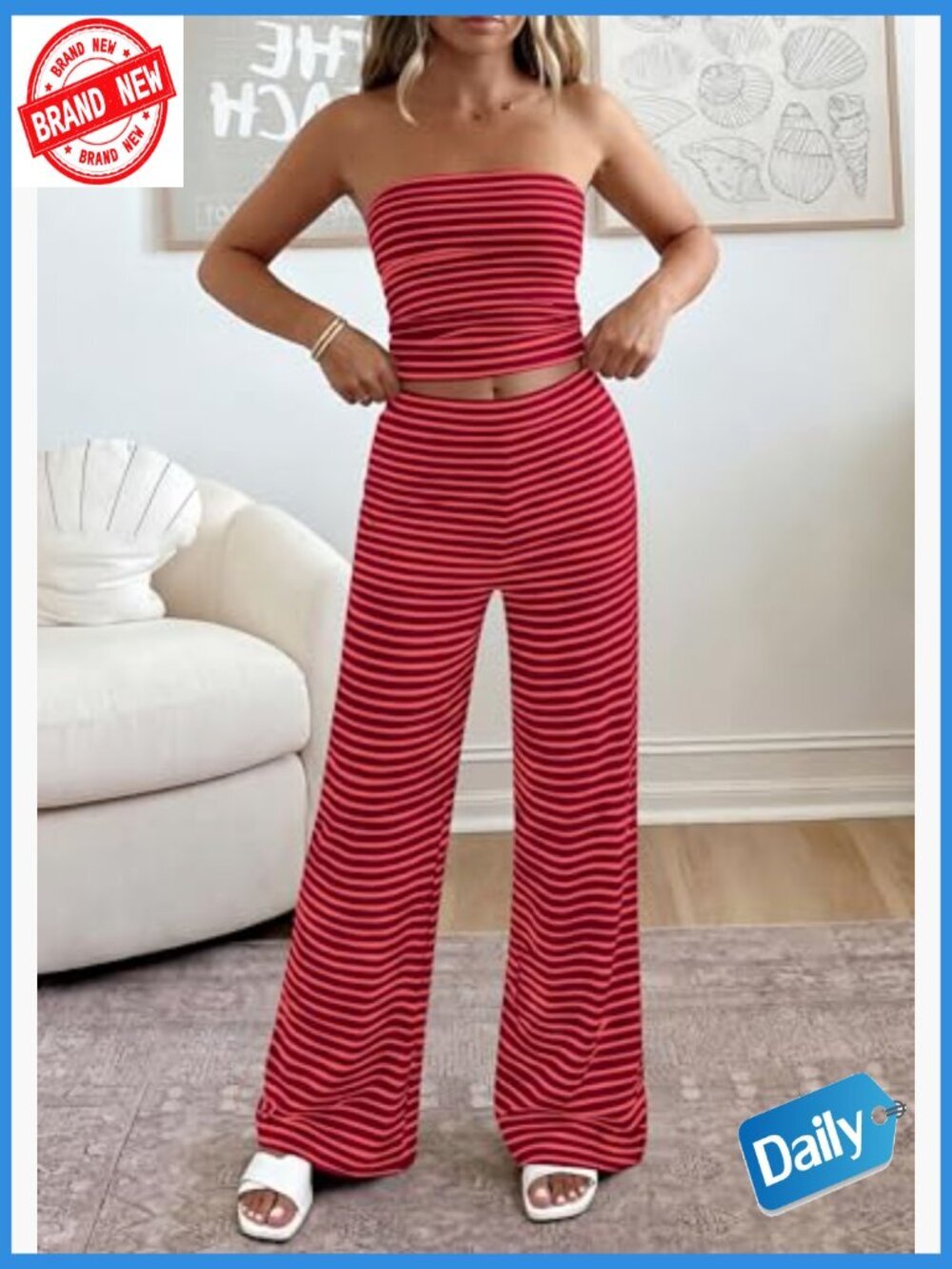 Two Piece Stripe Tube Top & Wide Leg Pants Set Summer Travel Outfit - Picture 6 of 7
